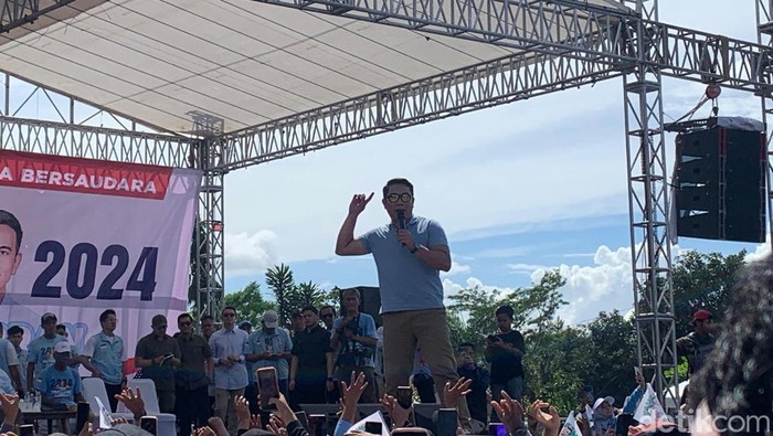 Mantan Gubernur Jawa Barat Ridwan Kamil (RK) ikut menghadiri kampanye akbar capres nomor urut 2 Prabowo Subianto di Desa Rawalele, Kabupaten Subang, Jawa Barat (Mulia/detikcom).