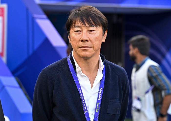 Head Coach Shin Tae Yong of the Indonesia National Team is looking on during the AFC Asian Cup 2023 match between Japan and Indonesia at Al Thumama Stadium in Doha, Qatar, on January 24, 2023. (Photo by Noushad Thekkayil/NurPhoto via Getty Images)