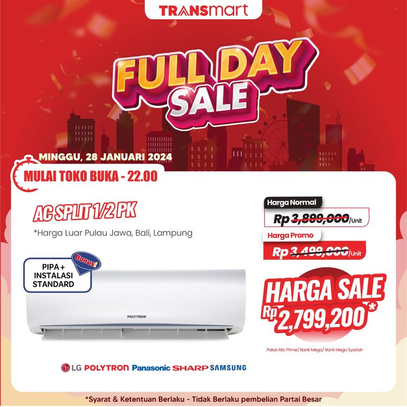 Transmart Full Day Sale kembali hadir Minggu (28/1/2024). Berbagai promosi menarik hadir untuk memenuhi kebutuhan para pelanggan setia Transmart seperti barang elektronik.