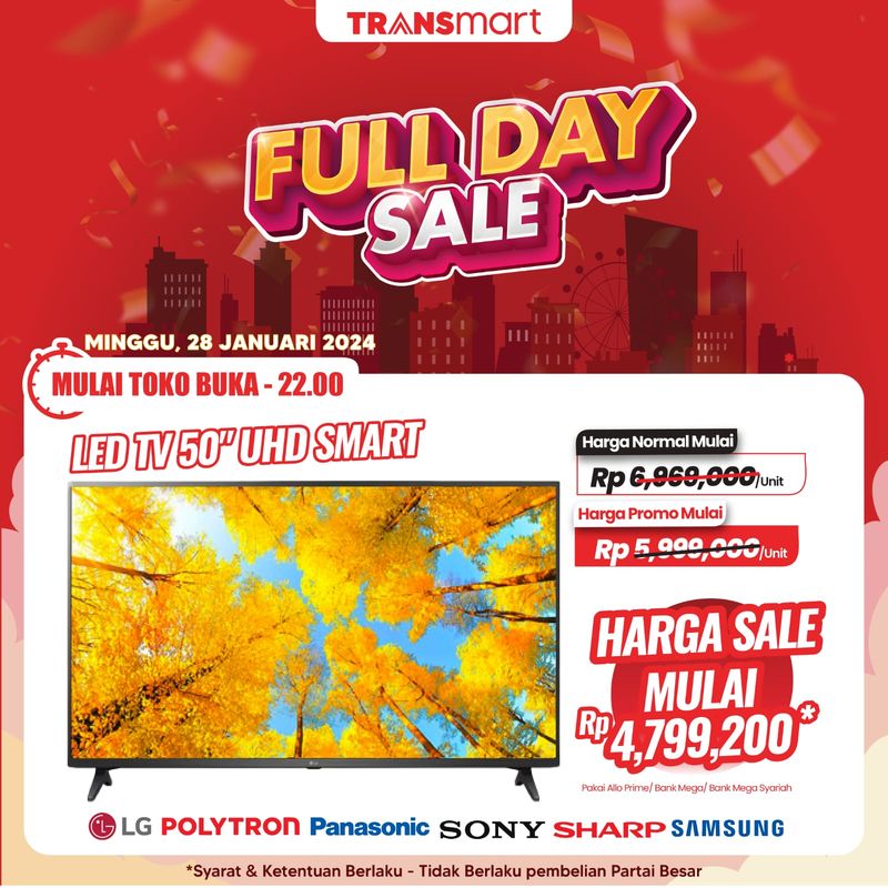 Transmart Full Day Sale kembali hadir Minggu (28/1/2024). Berbagai promosi menarik hadir untuk memenuhi kebutuhan para pelanggan setia Transmart seperti barang elektronik.