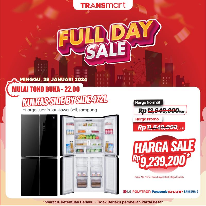 Transmart Full Day Sale kembali hadir Minggu (28/1/2024). Berbagai promosi hadir memenuhi kebutuhan para pelanggan setia Transmart seperti barang elektronik.