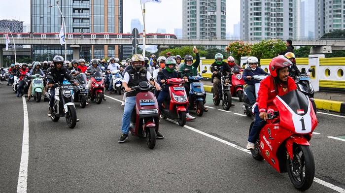Pengendara motor listrik membawa hewan peliharaannya saat mengikuti konvoi Parade Kendaraan Listrik di Jakarta, Minggu (28/1/2024). Kegiatan yang diikuti sekitar 300 peserta dari sejumlah komunitas motor listrik konvensional dan motor konversi tersebut untuk memperkenalkan kendaraan listrik yang ramah lingkungan. ANTARA FOTO/Sulthony Hasanuddin/aww.