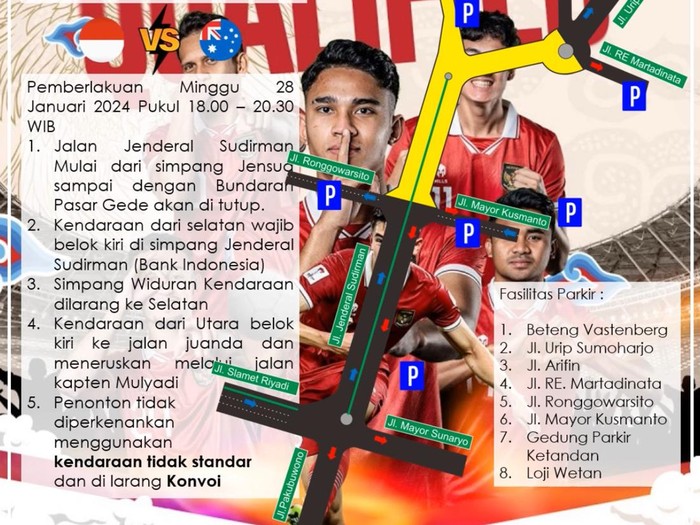 Pemberitahuan gelaran nonton bareng babak 16 besar Piala Asia 2023 antara Australia vs Indonesia di depan Balai Kota Solo, Minggu (28/1/2024).