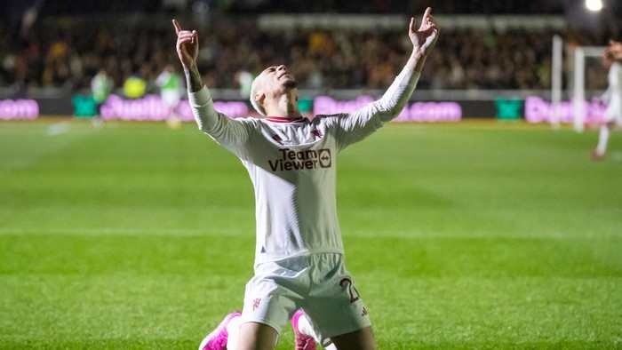 NEWPORT, WALES - JANUARY 28: Antony of Manchester United celebrates scoring during the Emirates FA Cup Fourth Round match between Newport County and Manchester United at Rodney Parade on January 20, 2024 in Newport, Wales. (Photo by Athena Pictures/Getty Images)