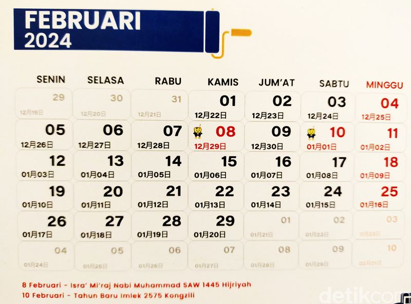 Kalender dan tanggal penting Februari 2024.