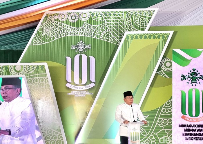 Ketua Umum PBNU KH Yahya Cholil Staquf (Gus Yahya) dalam acara pembukaan Konferensi Besar (Konbes) NU  dan Halaqah Nasional Strategi Peradaban NU di Pondok Pesantren Al-Munawwir Krapyak, Yogyakarta, Senin (29/1/2024).