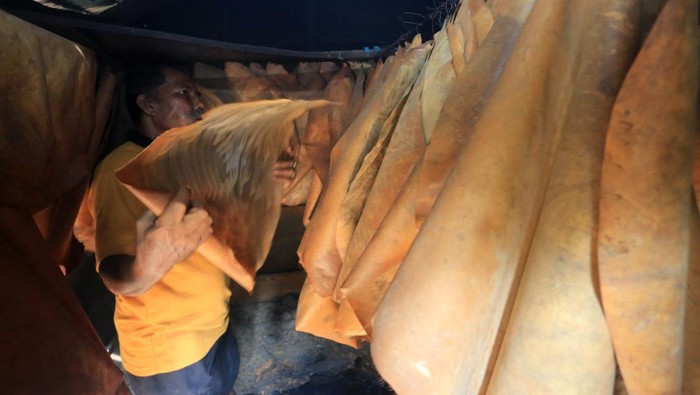 Melihat Pengasapan Kulit Kambing di Aceh Seorang perajin merapikan kulit kambing saat proses pengasapan di salah satu tempat usaha rumahan Desa Leuhan, Kecamatan Johan Pahlawan, Aceh Barat, Aceh, Senin (29/1/2024). Pengasapan kulit kambing selain sebagai bahan baku dasar pembuatan alat musik tradisional seperti rapai, rebana, hadroh, gendang, jimbe dan bedug juga dimanfaatkan untuk pembuatan jaket kulit yang dijual Rp150 ribu hingga Rp220 ribu per lembar tergantung besar kecil ukuran kulit. ANTARA FOTO/Syifa Yulinnas/wpa.
