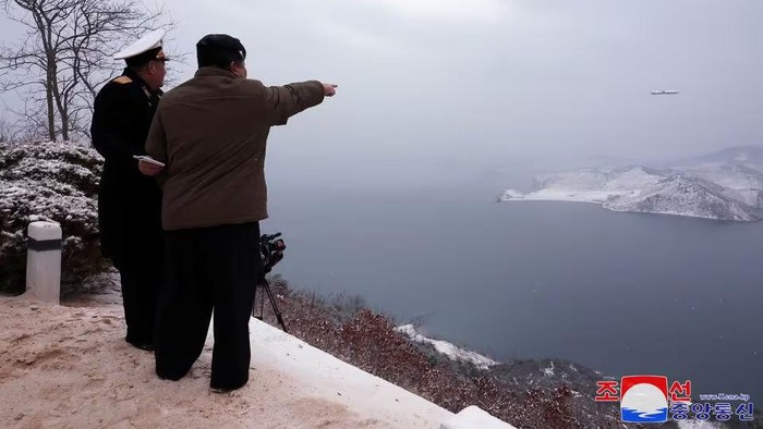 North Korean leader Kim Jong Un attends a submarine-launched cruise missile test at an undisclosed location in North Korea in this picture released by the Korean Central News Agency on January 28, 2024. KCNA via REUTERS Acquire Licensing Rights