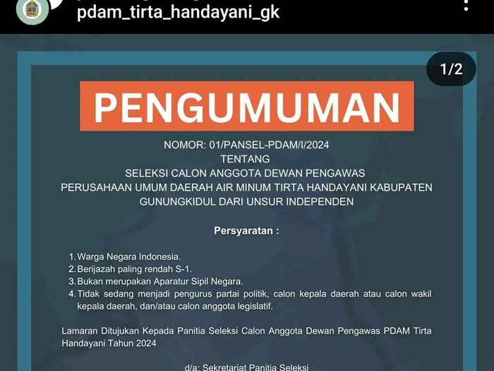 Tangkap layar akun Instagram Pemkab Gunungkidul berisi pengumuman seleksi anggota dewan pengawas PDAM Tirta Handayani.