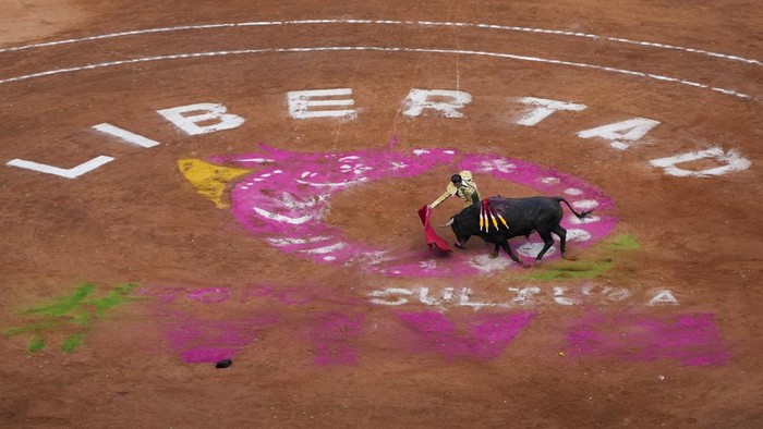 Spectators wait for a bullfight at the Plaza Mexico, in Mexico City, Sunday, Jan. 28, 2024. Bullfighting returned to Mexico City after the Supreme Court of Justice overturned a 2022 ban that prevented these events from taking place in the capital. (AP Photo/Fernando Llano)