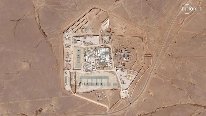 Satellite view of the U.S. military outpost known as Tower 22, in Rukban, Rwaished District, Jordan October 12, 2023 in this handout image. Planet Labs PBC/Handout via REUTERS THIS IMAGE HAS BEEN SUPPLIED BY A THIRD PARTY. MUST NOT OBSCURE LOGO. NO RESALES. NO ARCHIVES. MANDATORY CREDIT Acquire Licensing Rights