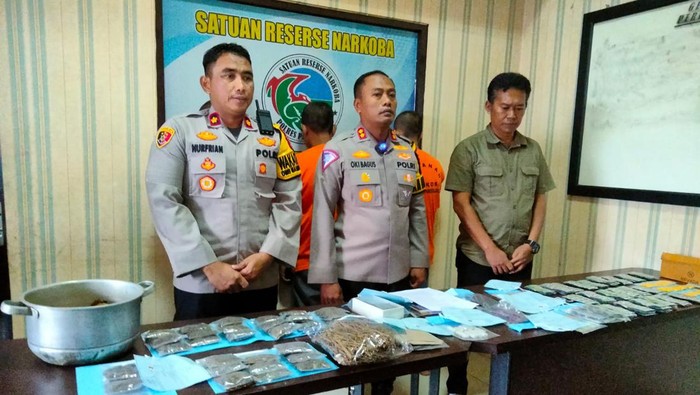 (Dua orang pengedar obat keras ilegal diringkus Satres Narkoba Polres Pandeglang. Dok Aris Rivaldo/detikcom).