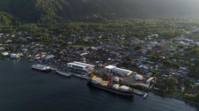 Foto udara sejumlah kapal penumpang dan kapal kontainer bersandar di Pelabuhan Babang, Pulau Bacan, Kabupaten Halmahera Selatan, Maluku Utara, Selasa (30/1/2024). Pelabuhan tersebut merupakan salah satu pintu gerbang yang menunjang perekonomian di Kabupaten Halmahera Selatan dan disinggahi kapal tol laut sehingga memudahkan pendistribusian logistik barang ke berbagai daerah pulau terluar, terdepan, dan terpencil. ANTARA FOTO/Andri Saputra/tom.
