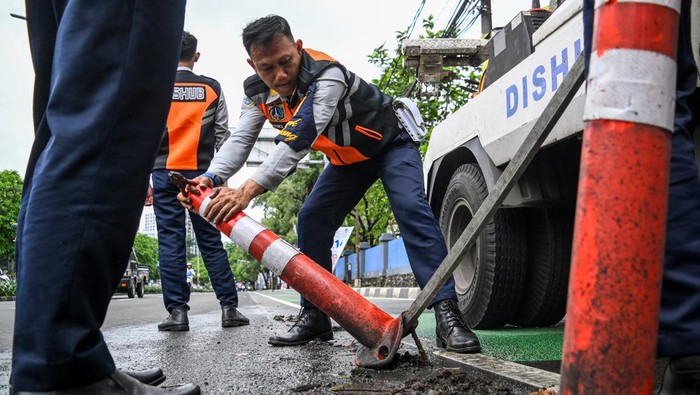 Pemprov DKI Cabut Ribuan Stick Cone Jalur Sepeda yang Rusakr sepeda Petugas Dinas Perhubungan (Dishub) DKI Jakarta mencabut stick cone jalur sepeda di Jalan Penjernihan 1, Tanah Abang, Jakarta, Selasa (30/1/2024). Pemerintah Provinsi DKI Jakarta melalui Dishub menertibkan stick cone jalur sepeda yang rusak secara bertahap di 13 ruas jalan sepanjang 8.585 kilometer atau sebanyak 8.741 unit stick cone berdasarkan laporan masyarakat untuk mengantisipasi kecelakaan lalu lintas. ANTARA FOTO/Sulthony Hasanuddin/rwa.