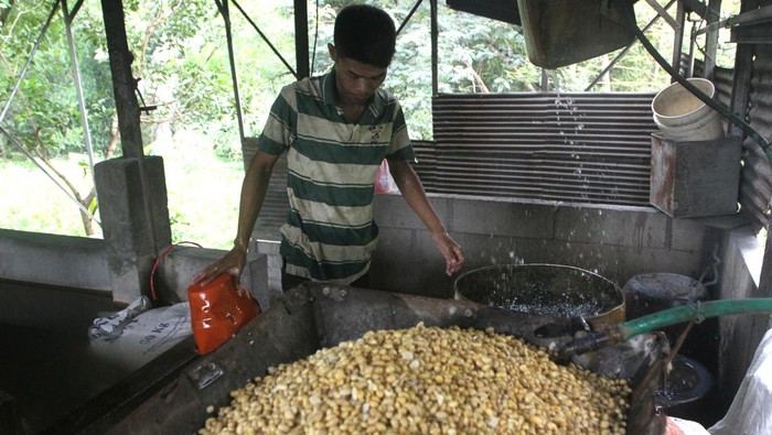 Pekerja memotong tahu yang dibuat dari kedelai impor sebelum dijual di pasar di pabrik tahu Wanoja Makmur, Kandangan, Ngawi, Jawa Timur, Senin (29/1/2024). Fluktuasi harga kedelai impor dalam tiga bulan terakhir yang kini berada di kisaran Rp11.200 per kilogram membuat perajin tahu setempat menaikkan harga dari Rp52 ribu menjadi Rp53 ribu per kotak serta membatasi produksi hanya dua kuintal per hari meski permintaan di pasaran meningkat. ANTARA FOTO/Ari Bowo Sucipto/aww.