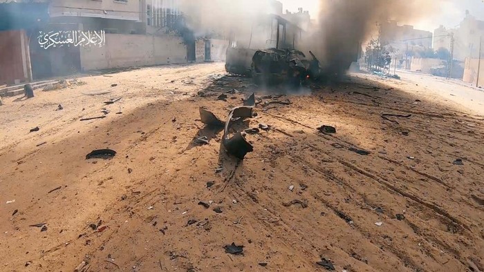 A view shows a military vehicle, amid the ongoing conflict between Israel and the Palestinian Islamist group Hamas, in a location given as Khan Younis, Gaza Strip, in this still image obtained from a video released January 29, 2024. Hamas Military Wing/Handout via REUTERS THIS IMAGE HAS BEEN SUPPLIED BY A THIRD PARTY. NO RESALES. NO ARCHIVES. MANDATORY CREDIT