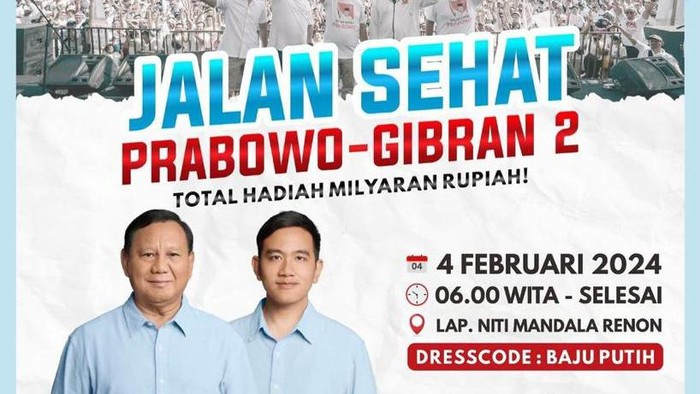 Selebaran acara jalan sehat Prabowo-Gibran berhadiah utama dua unit rumah.