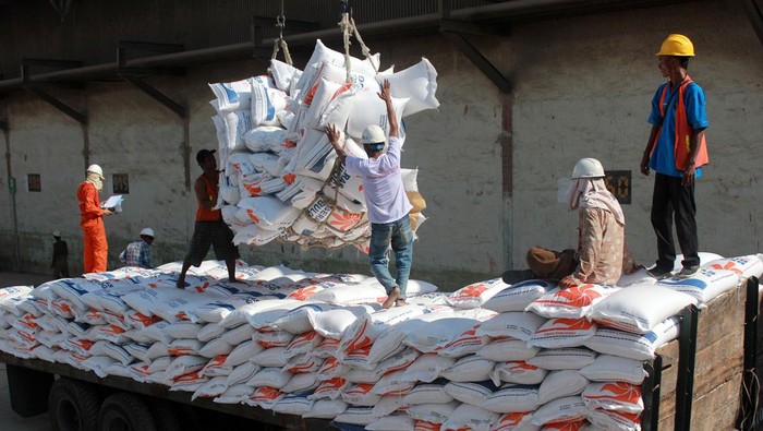 Sejumlah pekerja melakukan bongkar muat beras asal Thailand di Pelabuhan Ujung Baru, Medan Belawan, Medan, Sumatera Utara, Selasa (30/1/2024). Perum Bulog Sumatera Utara menerima sebanyak 12.500 ton beras yang akan dibagikan kepada keluarga penerima manfaat (KPM) selama tahun 2024.ANTARA FOTO/Yudi/nz