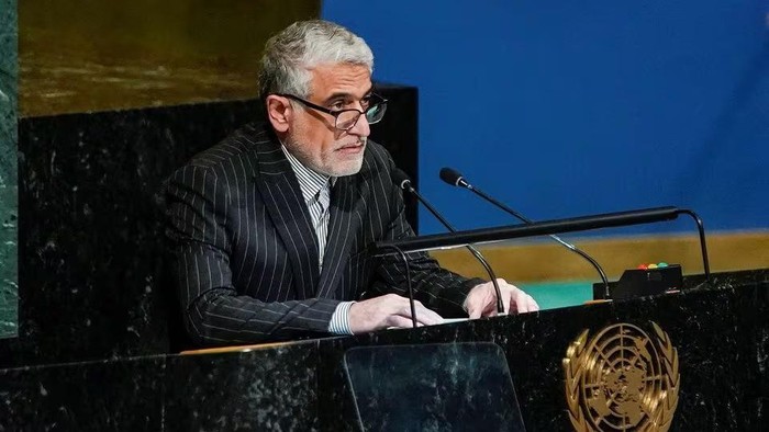 Iran’s Ambassador to the United Nations Amir Saeid Iravani speaks to delegates before a vote on a resolution recognizing Russia must be responsible for reparation in Ukraine at the United Nations Headquarters in New York, U.S., November 14, 2022. REUTERS/Eduardo Munoz/File Photo Acquire Licensing Rights