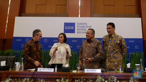 Konferensi pers Hasil Rapat Berkala KSSK I Tahun 2024 di Kementerian Keuangan, Selasa (30/1/2024). (CNBC Indonesia/Muhammad Sabki)