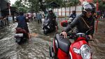 Aksi Pemotor Nekat Terobos Banjir di Cilincing Jakut