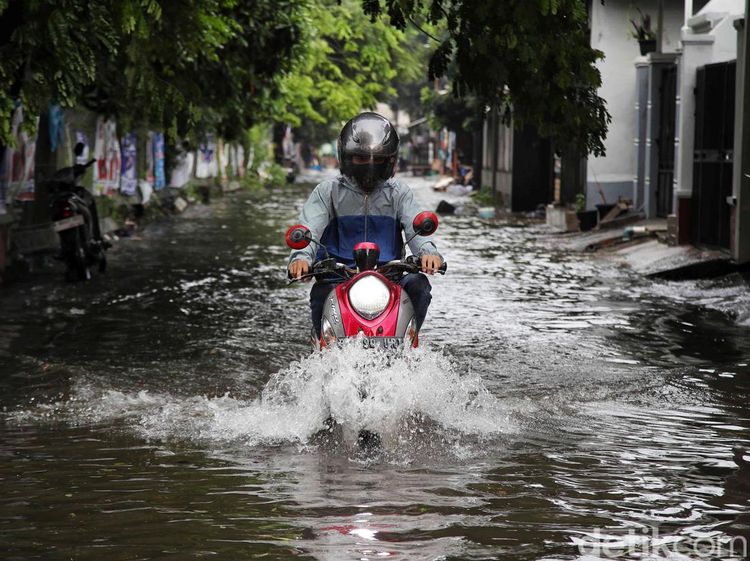 Aksi Pemotor Nekat Terobos Banjir di Cilincing Jakut