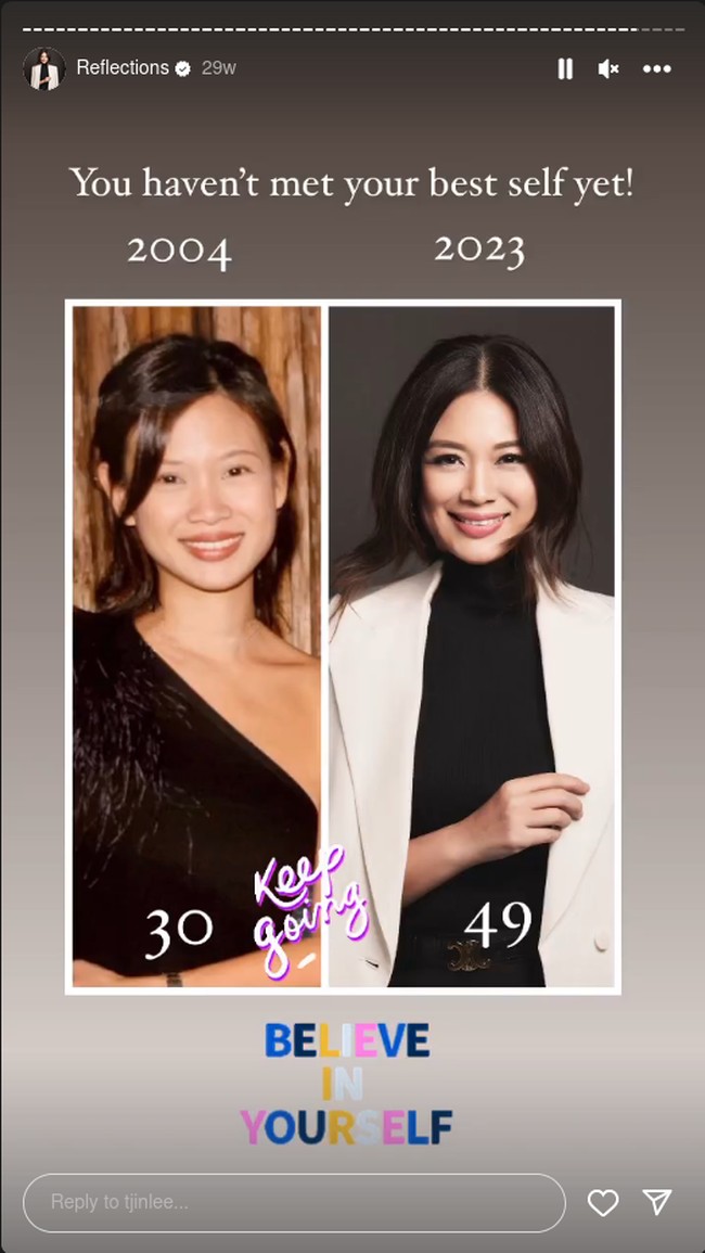 Untuk tips cantik, Tjin Lee mengaku tidak melakukan banyak perawatan di klinik bahkan baru berencana memulainya tahun ini. Meski begitu, ia tentu menerapkan skincare, termasuk di bagian leher yagn paling mudah terlihat menua. Foto: Instagram Tjin Lee