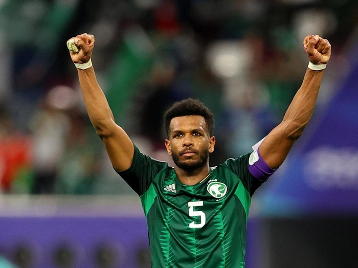Soccer Football - AFC Asian Cup - Group F - Saudi Arabia v Oman - Khalifa International Stadium, Al Rayyan, Qatar - January 16, 2024 Saudi Arabias Ali Al-Bulayhi celebrates scoring their second goal REUTERS/Ibraheem Al Omari