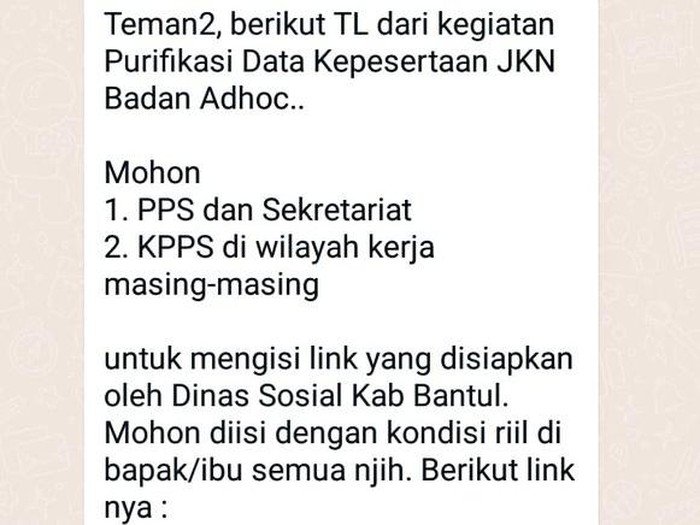 Tangkapan layar chat kepada PPS/KPPS terkait pendataan JKN. Foto diunggah Kamis (1/2/2024).