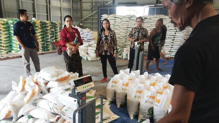 Dinas Ketahanan Pangan dan Perikanan, Klungkung, memantau proses pengepakan beras untuk CBP yang siap disebar minggu depan, Kamis (1/2/2024). (Istimewa)