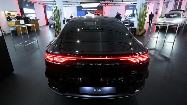 The logo of the BYD Auto company is seen on a BYD HAN electric vehicle during a BYD store opening at the car dealership Sternauto in Berlin, Germany January 31, 2024.  REUTERS/Annegret Hilse