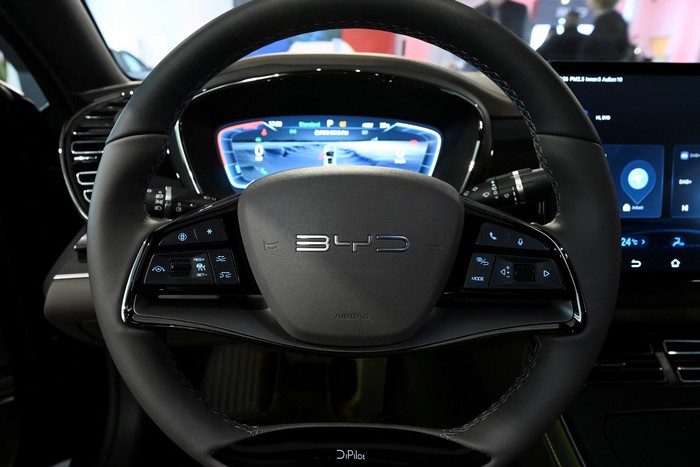 The logo of the BYD Auto company is seen on a BYD HAN electric vehicle during a BYD store opening at the car dealership Sternauto in Berlin, Germany January 31, 2024. REUTERS/Annegret Hilse