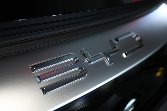 The logo of the BYD Auto company is seen on a BYD HAN electric vehicle during a BYD store opening at the car dealership Sternauto in Berlin, Germany January 31, 2024.  REUTERS/Annegret Hilse