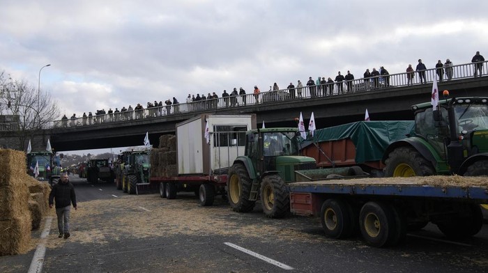 Farmers watch their tractors from a bridge on a blocked highway, Wednesday, Jan. 31, 2024 in Chilly-Mazarin, south of Paris. French farmers maintained their protests on major roads around Paris and across the country on Wednesday as police was deployed to protect the capital, its airports and an international market. (AP Photo/Christophe Ena)