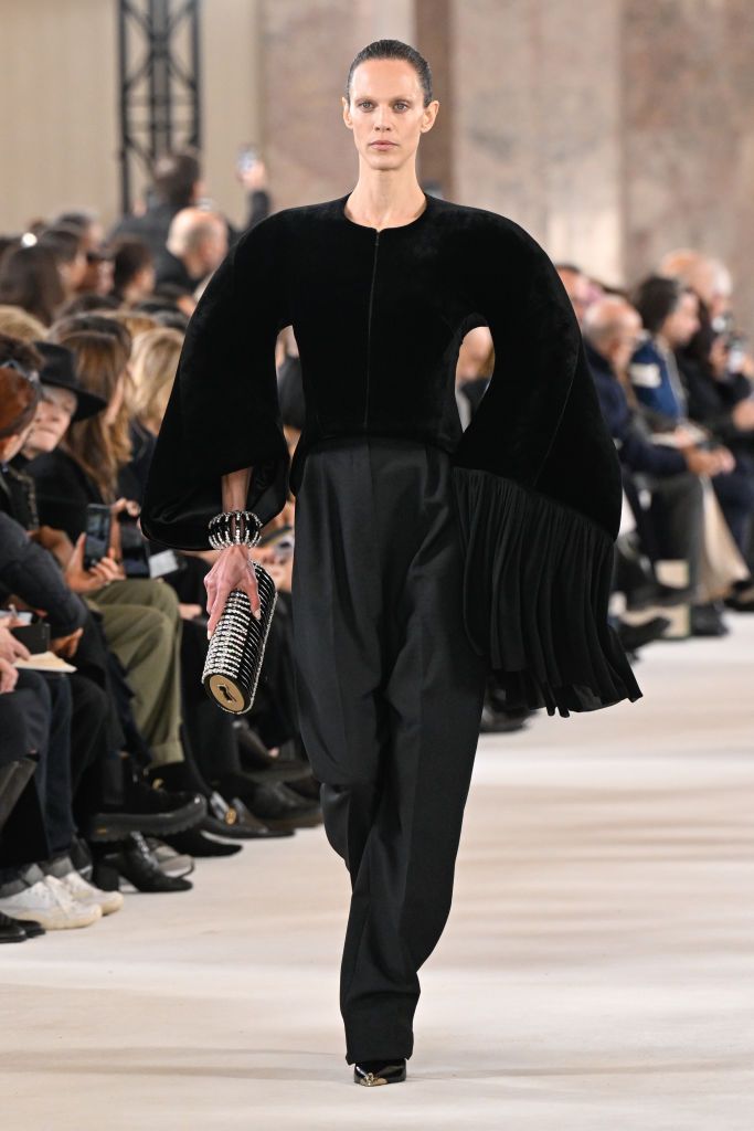 Model on the runway at Schiaparelli Couture Spring 2024 as part of Paris Couture Fashion Week held at Petit Palais on January 22, 2024 in Paris, France. (Photo by Giovanni Giannoni/WWD via Getty Images)