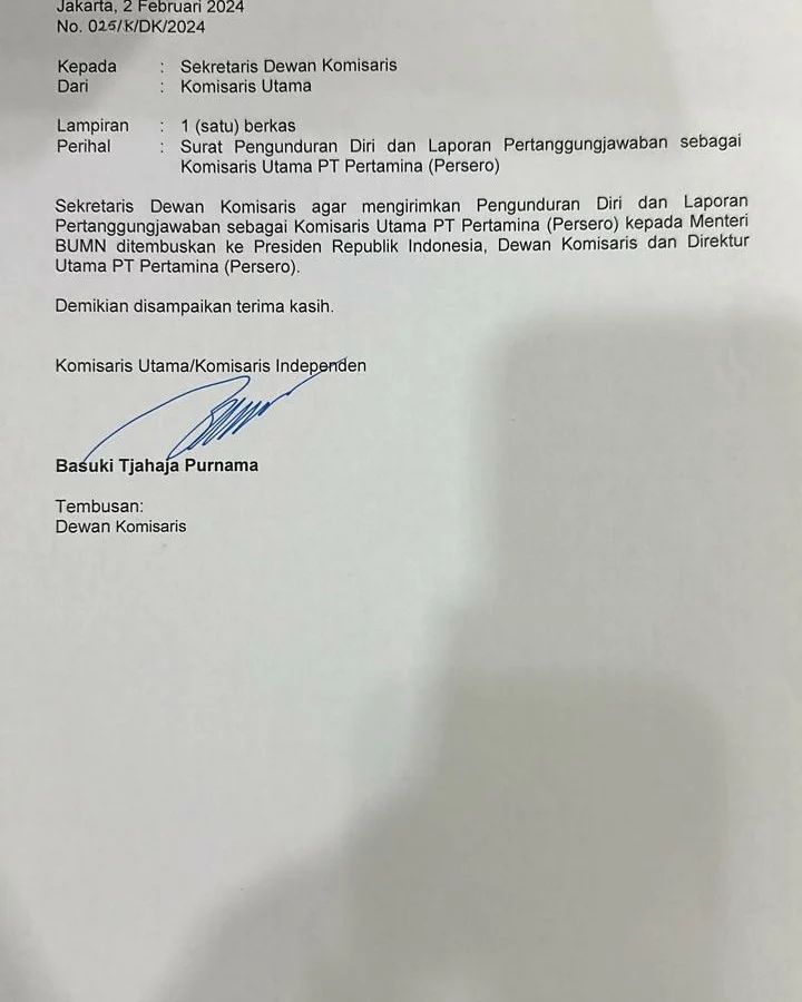 Basuki Tjahaja Purnama mengundurkan diri sebagai Komisaris Utama PT Pertamina. (Instagram @basukibtp)