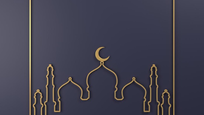 Arabic geometric star ornament and crescent create a golden frame against gray background. Creative concept of islamic celebration month Ramadan, Ramadan Kareem or Eid al Fitr Adha. Ramadan concept. High quality 3D render easy to crop and cut out for social media, print and all other design needs.