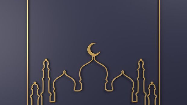 Arabic geometric star ornament and crescent create a golden frame against gray background. Creative concept of islamic celebration month Ramadan, Ramadan Kareem or Eid al Fitr Adha. Ramadan concept. High quality 3D render easy to crop and cut out for social media, print and all other design needs.
