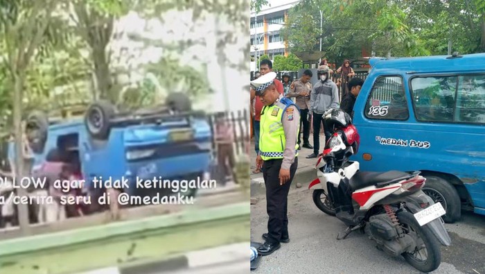 Kolase foto, kondisi angkot terbalik usai terlibat kecelakaan dan petugas kepolisian saat tiba di lokasi kejadian (Dok. Instagram @medanku/Polsek Medan Baru)