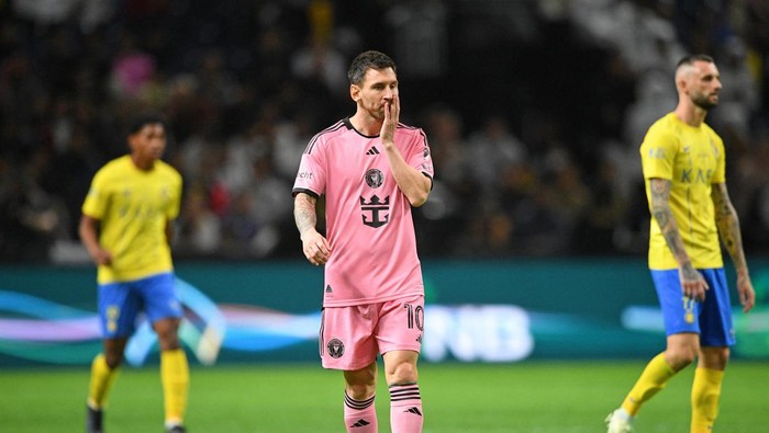 Feb 1, 2024; Riyadh, Saudi Arabia; Inter Miami CF forward Lionel Messi (10) reacts after a play against Al-Nassr during the second half at Kingdom Arena. Mandatory Credit: Victor Fraile-USA TODAY Sports