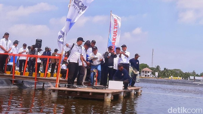 Menteri Kelautan dan Perikanan RI Sakti Wahyu Trenggono saat Melakukan Penanaan bibit ikan nila salin di BLUPPB Karawang