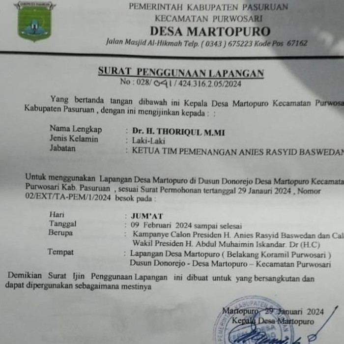 Surat pembatalan izin pemdes setempat kampanye akbar AMIN di Pasuruan