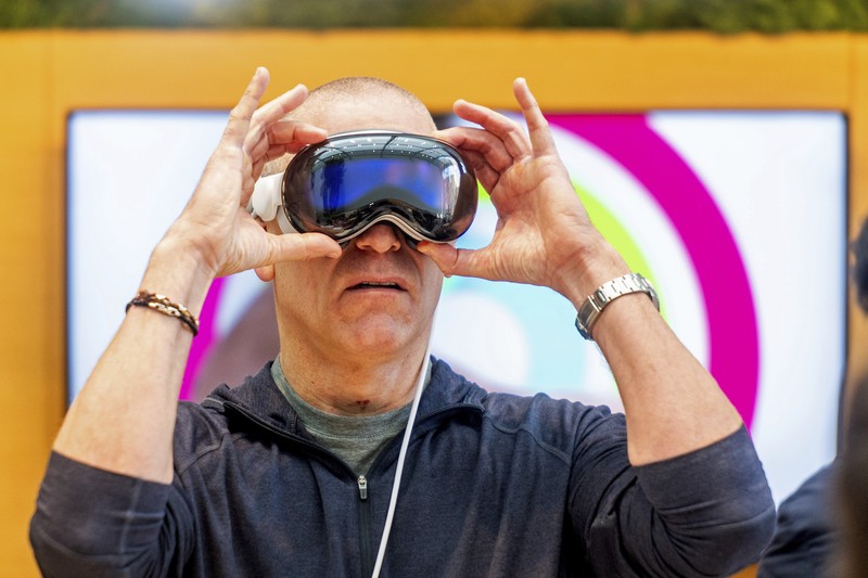 Mohamed Jawad shows off his Vision Pro headset on the first day of sales at a Palo Alto, Calif., Apple Store on Friday, Feb. 2, 2024. Jawad, who described himself as an 