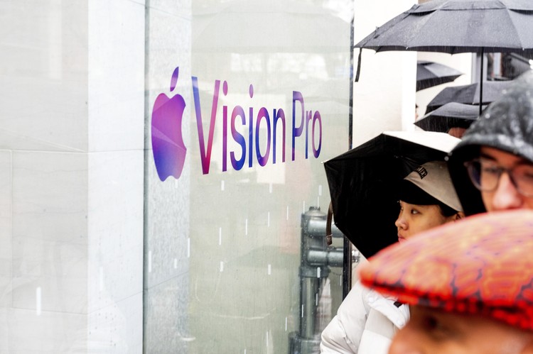 Mohamed Jawad shows off his Vision Pro headset on the first day of sales at a Palo Alto, Calif., Apple Store on Friday, Feb. 2, 2024. Jawad, who described himself as an 