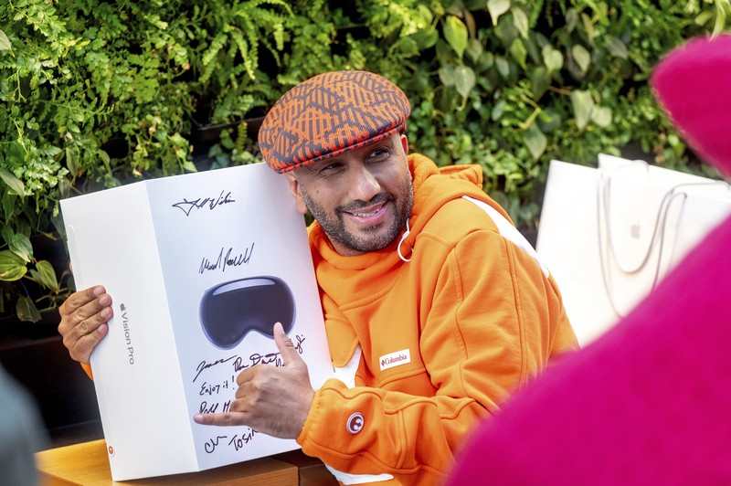 Mohamed Jawad shows off his Vision Pro headset on the first day of sales at a Palo Alto, Calif., Apple Store on Friday, Feb. 2, 2024. Jawad, who described himself as an 