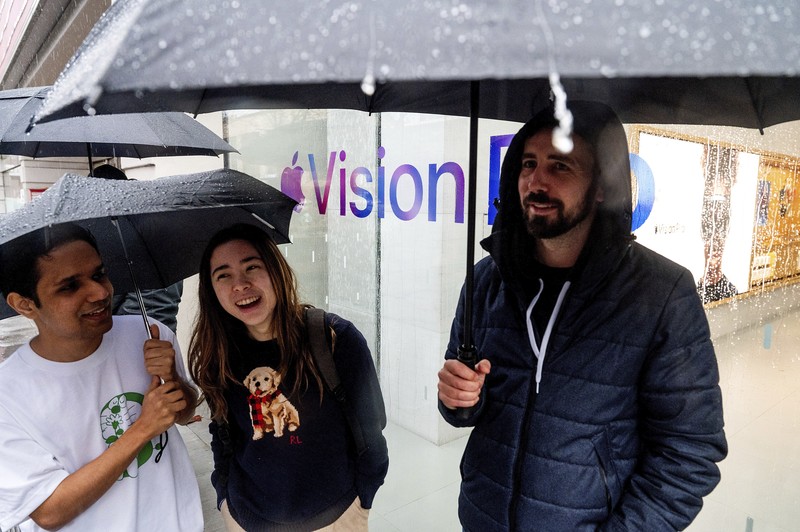 Mohamed Jawad shows off his Vision Pro headset on the first day of sales at a Palo Alto, Calif., Apple Store on Friday, Feb. 2, 2024. Jawad, who described himself as an 