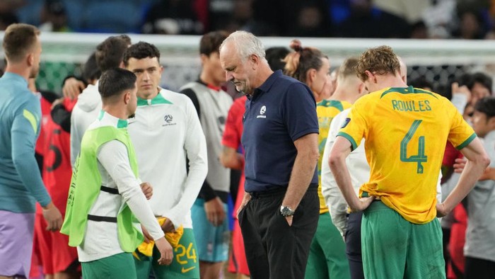 AL WAKRAH, QATAR - FEBRUARY 02: Graham Arnold, coach of Australia looks on after the AFC Asian Cup quarter final match between Australia and South Korea at Al Janoub Stadium on February 02, 2024 in Al Wakrah, Qatar. (Photo by Masashi Hara/Getty Images)