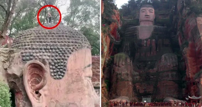Turis pipis di kepala GIant Buddha Leshan