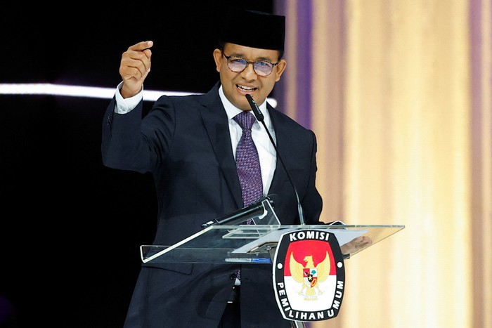 Presidential candidate and former Jakarta Governor Anies Baswedan speaks during a televised debate ahead of the general election at the Jakarta Convention Center in Jakarta, Indonesia, February 4, 2024. REUTERS/Willy Kurniawan
