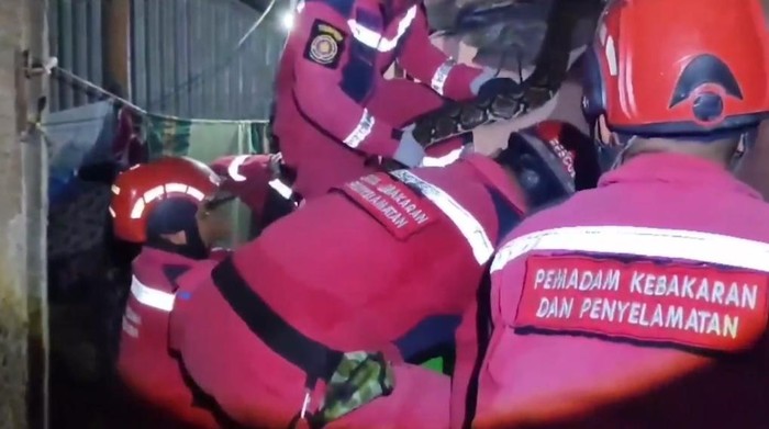 Damkar Makassar mengevakuasi ular sanca 5 meter masuk di rumah warga.